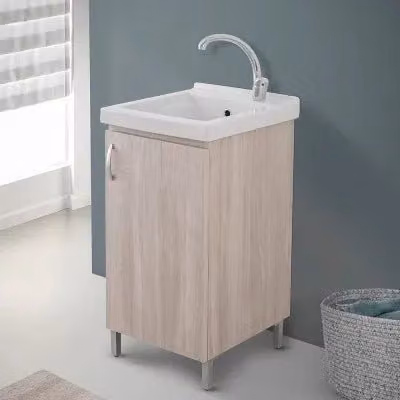 Lavatoio in ceramica bianca con mobile in legno color ash, completo di piletta e scarico, L: 45 cm, P: 49 cm, H: 83 cm
