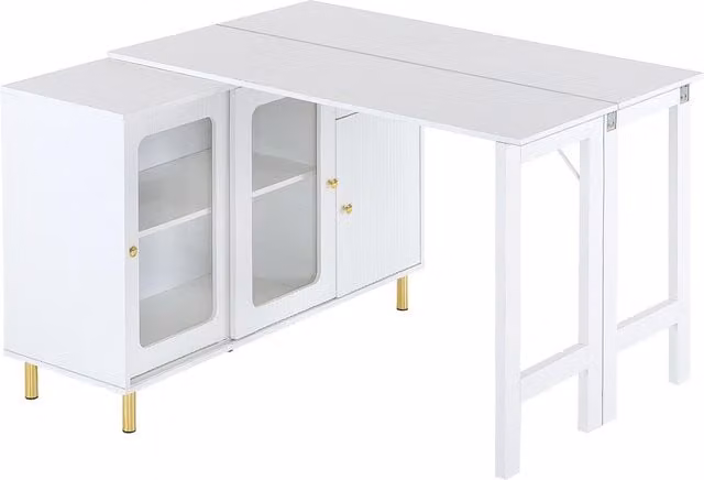 Buffet sideboard moderno TG Electrical DE con piano ribaltabile e superficie girevole, ante scorrevoli in vetro, gambe in metallo dorato, Bianco, L: 116 cm, P: 40 cm, H: 78,5 cm – 1