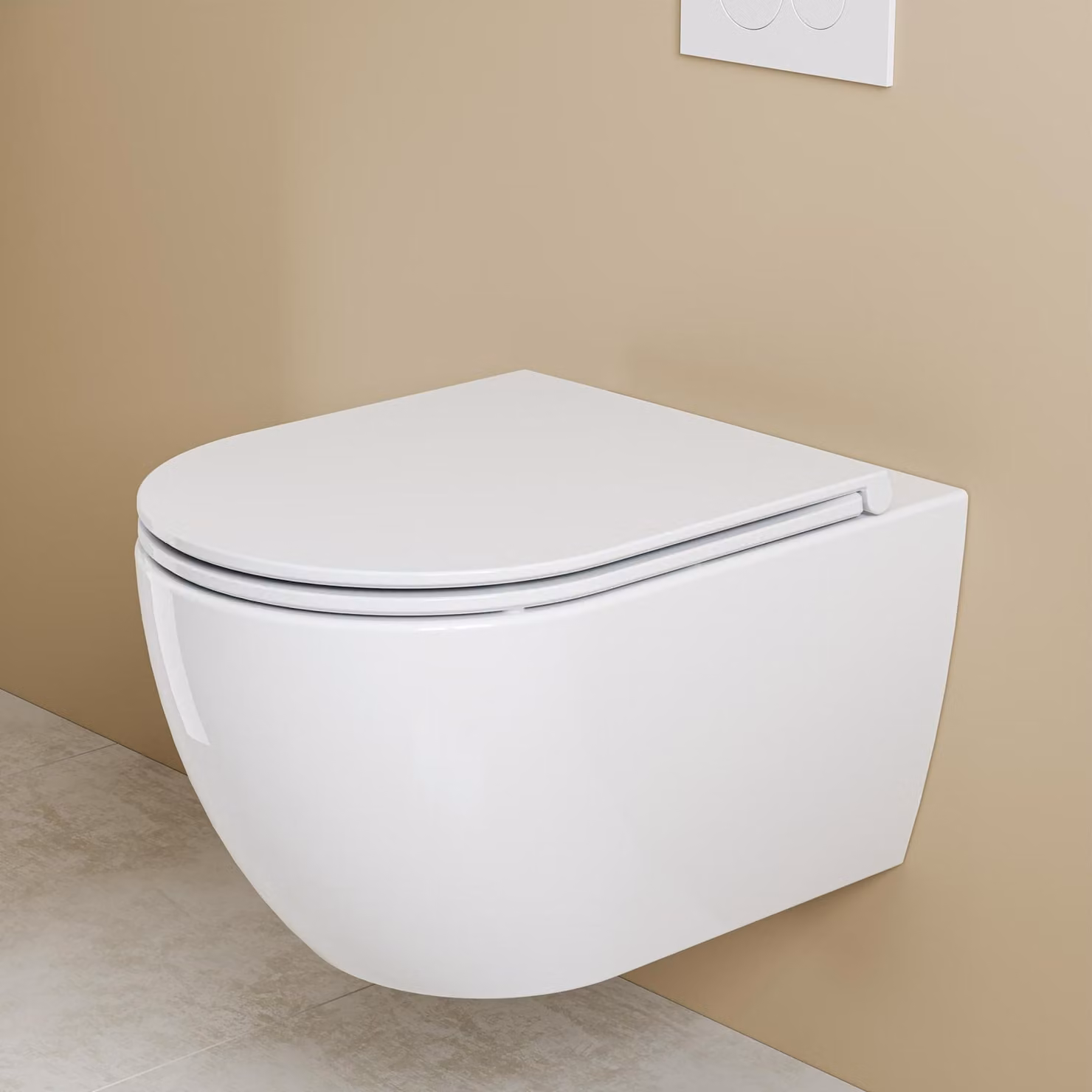 WC sospeso HOROW senza brida - Vaso con sistema di scarico Superspin a due fori, completo di coperchio con chiusura ammortizzata - 525 x 358 x 360 mm