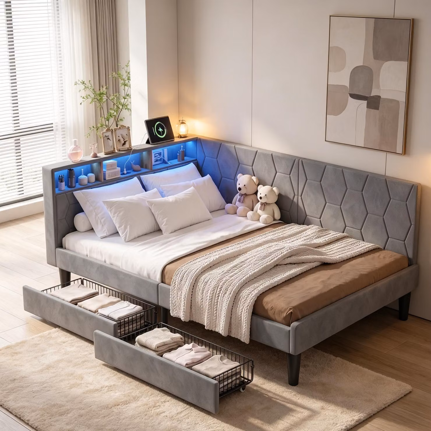 Letto imbottito INONEFT, 140x200 cm, letto per ragazzi con LED e porta USB-C, e spazio contenitivo nella testiera, letto matrimoniale con 2 cassetti, struttura del letto con rete a doghe, tessuto velluto, colore grigio