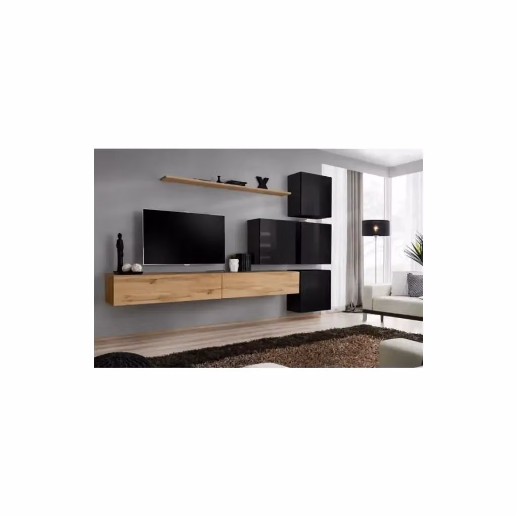 Composizione murale SWITCH IX Meublorama mobile TV sospeso in quercia Wotan e nero lucido L/P/H: 310 x 200 x 40 cm – 2