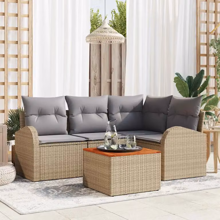 Set Divano da Giardino vidaXL 5 Pezzi in Polyrattan con Tavolino e Cuscini Beige e Grigio
