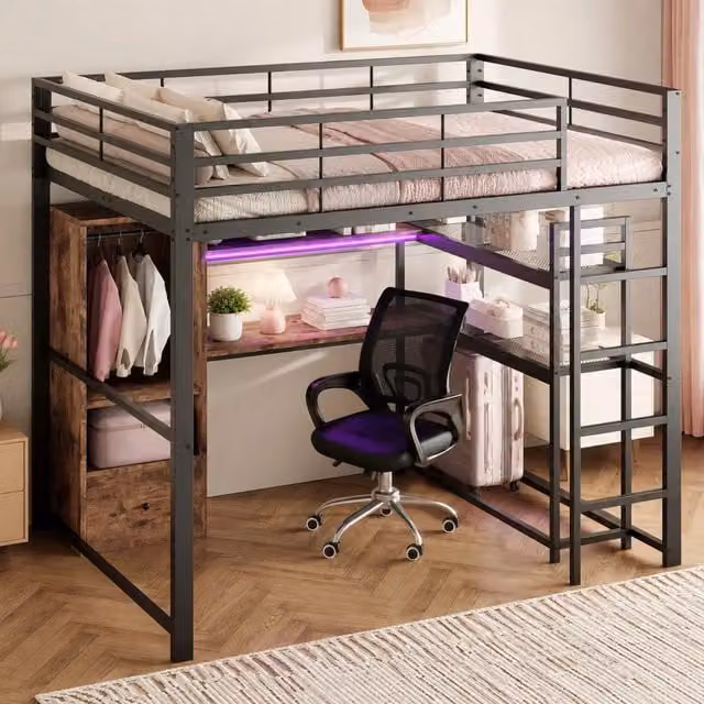 Letto a soppalco MIVRAY con scrivania, cassetti, ripiani e illuminazione LED in metallo e MDF, L/P: 140 x 200 cm, Nero/Multicolore