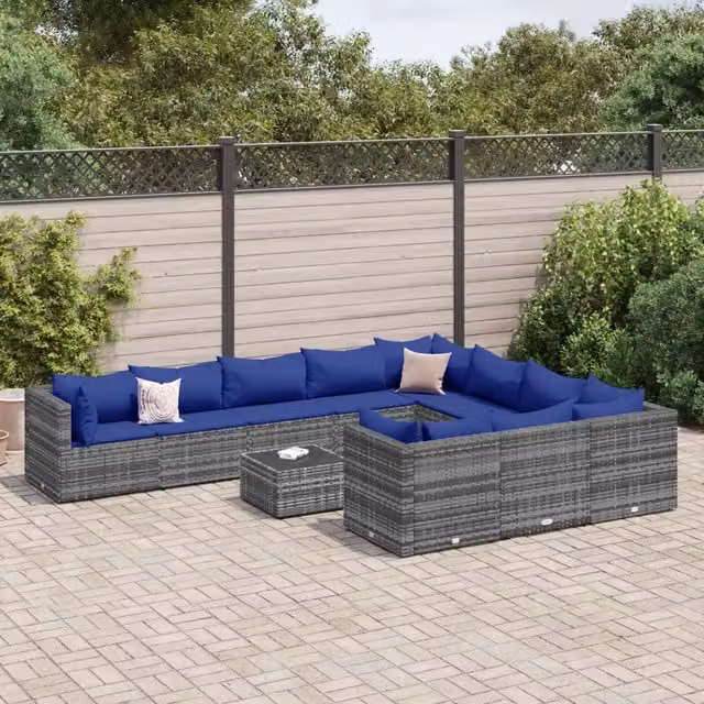 Set di Divani da Giardino a Forma di U vidaXL con 11 Pezzi, Polyrattan Grigio e Blu con Cuscini e Tavolino da Caffè