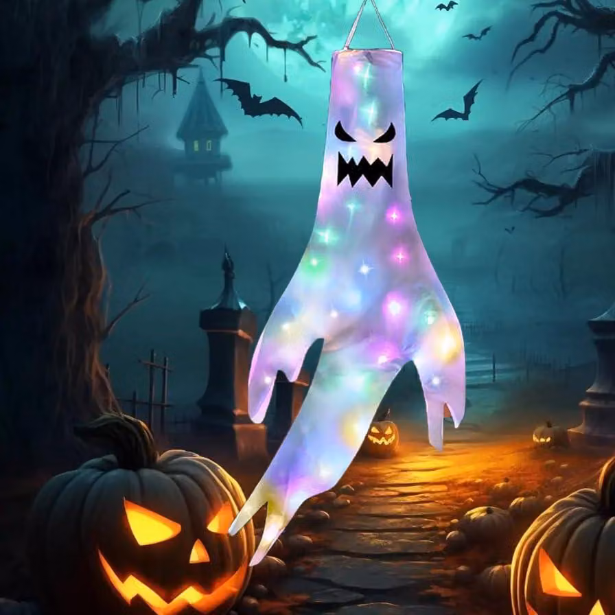 Decorazione per Halloween: sacchetto con luci LED, 60x120 cm, a forma di fantasma