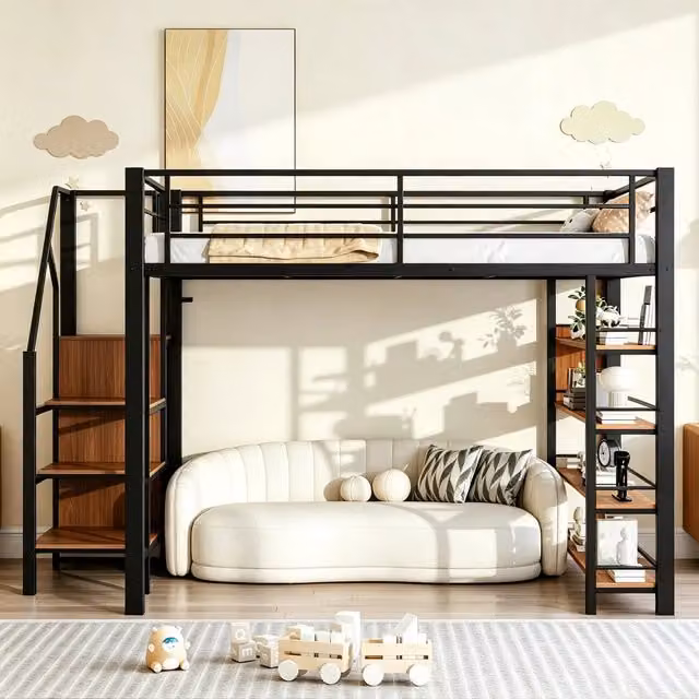 Letto a soppalco 140x200 in metallo nero con scala contenitore; armadietto; scaffali e sponda alta