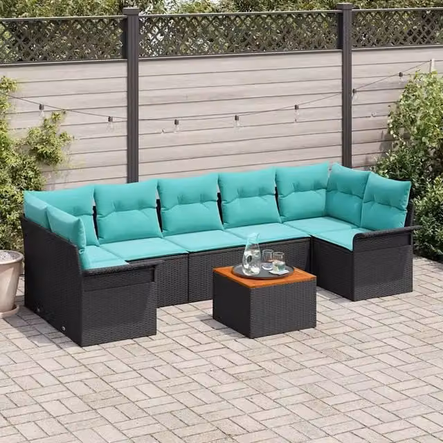 Set Divano da Giardino 8 pz 7-Numero di posti Nero e Turchese 3355967