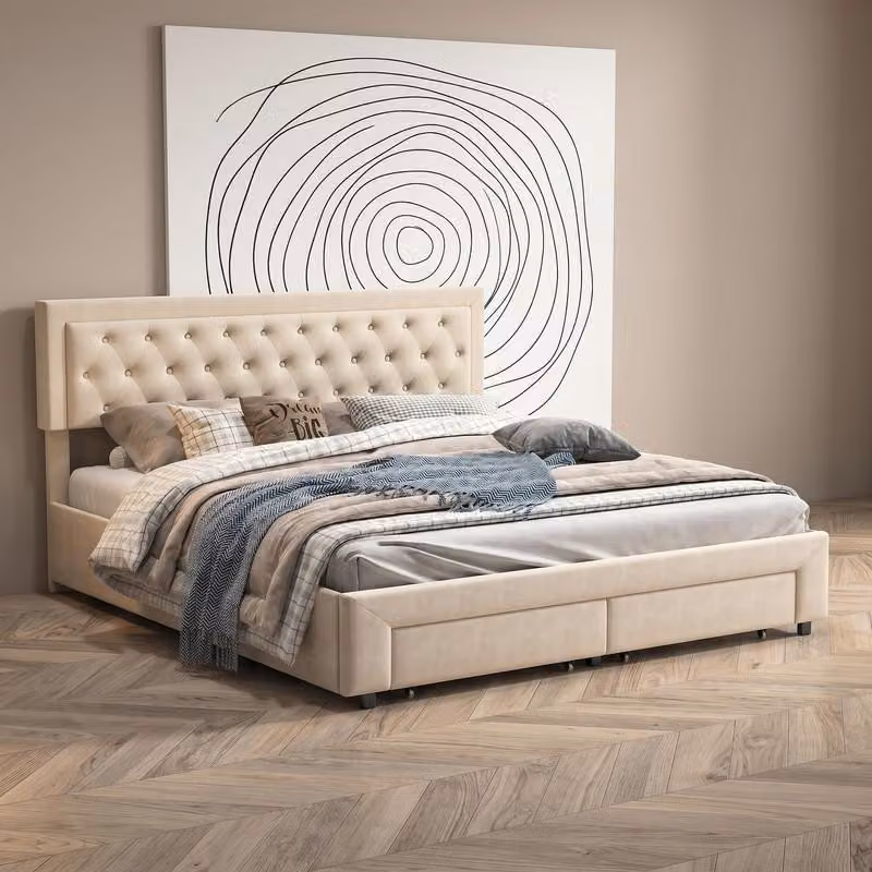 Struttura letto ProximaX in velluto beige 160x200 cm con vano contenitore idraulico, 2 cassetti e testiera trapuntata