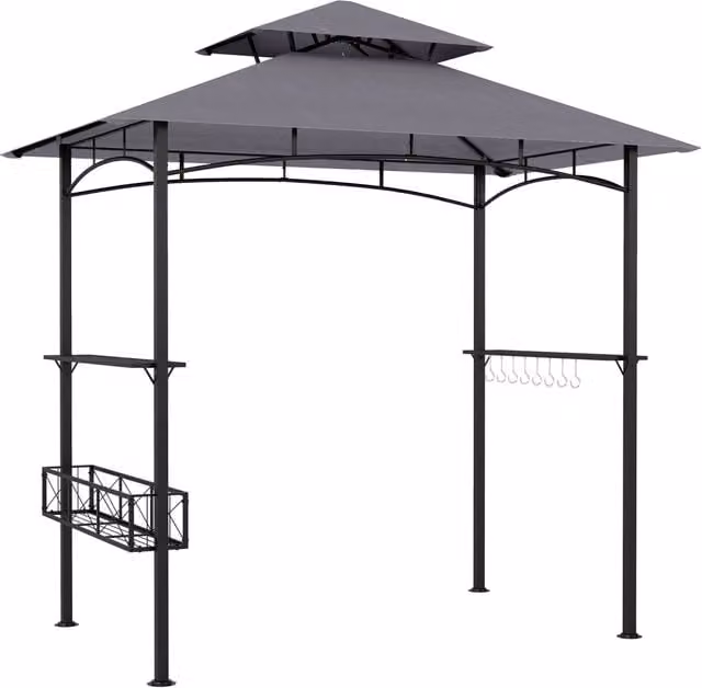 Gazebo da giardino per barbecue con 2 ripiani, cestino portaoggetti e 8 ganci, colore grigio