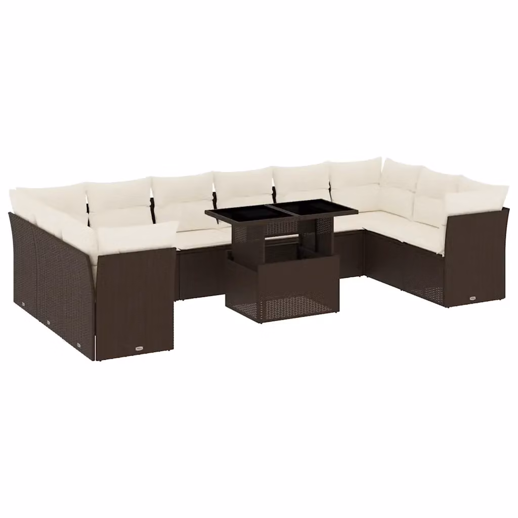 vidaXL Set Divani da Giardino 11 pz in Polyrattan Marrone con Cuscini e Tavolino da Esterno – 2