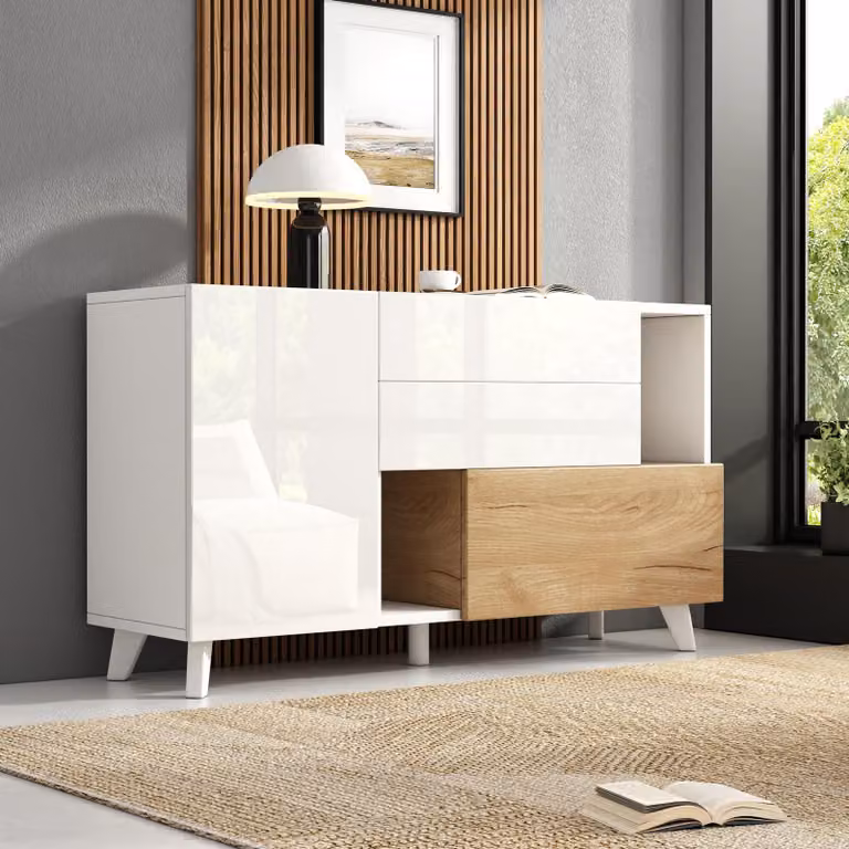 Fortuna Lai Credenza bianca lucida in legno originale con spazio contenitivo, credenza da pranzo con spazio contenitivo, mobile moderno per soggiorno