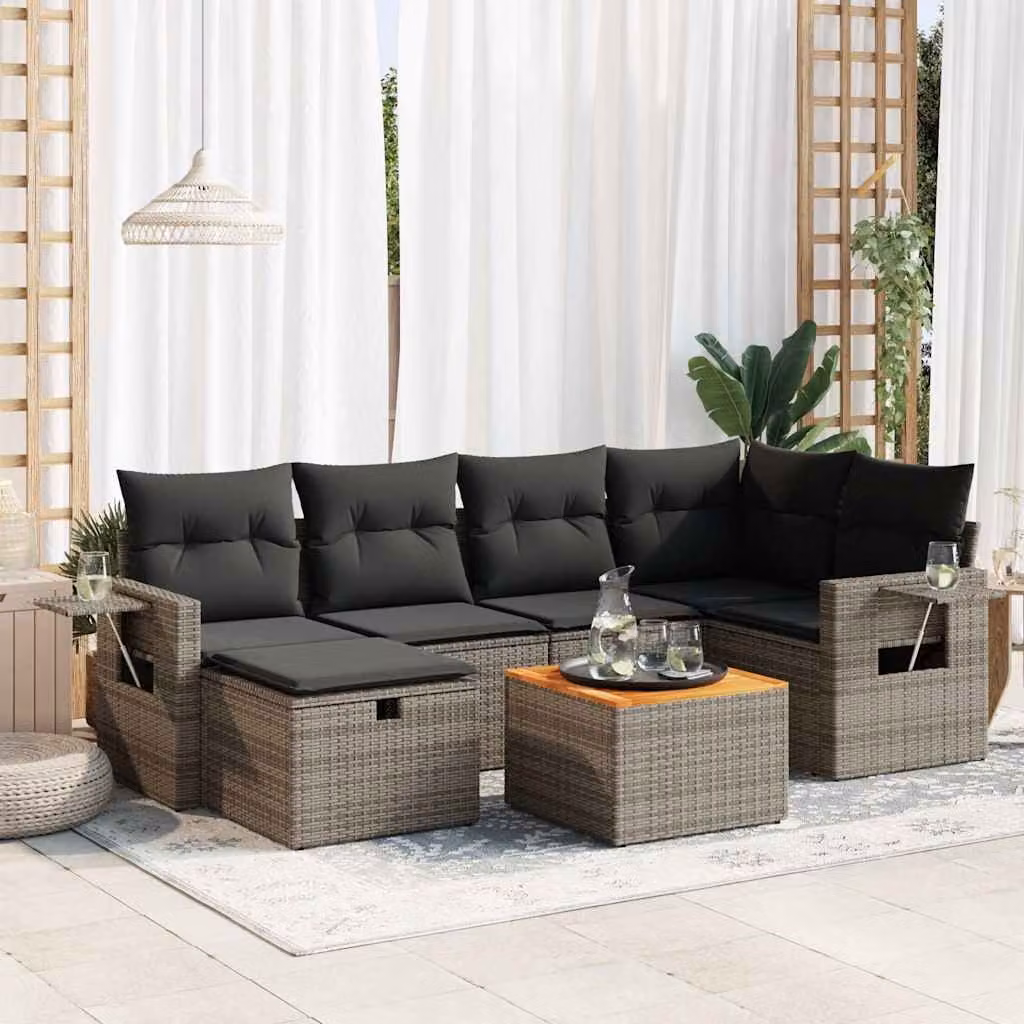 Set di divani da giardino vidaXL 7 pz in polyrattan grigio con cuscini e tavolino da esterno a forma di L