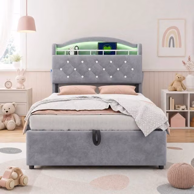 LETTO imbottito 90x200 cm in velluto grigio con contenitore, LED, USB e Type-C