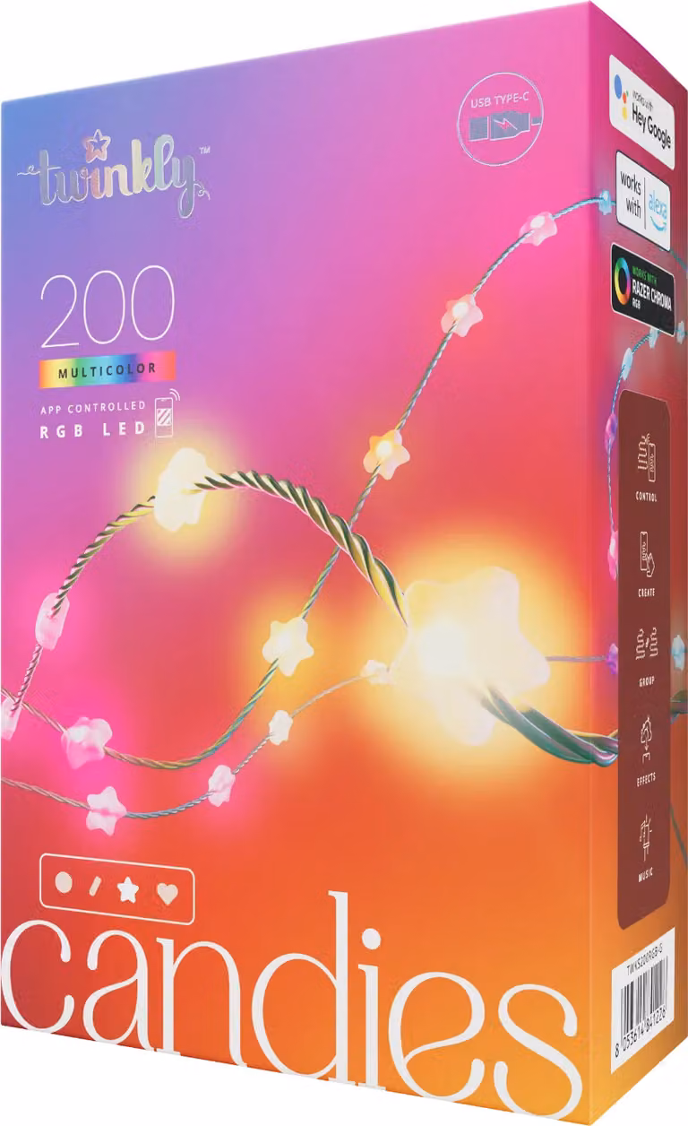 Twinkly Candies 200 Led 7mm STAR RGB BT+WiFi IP20 - 5V USB-C, filo verde