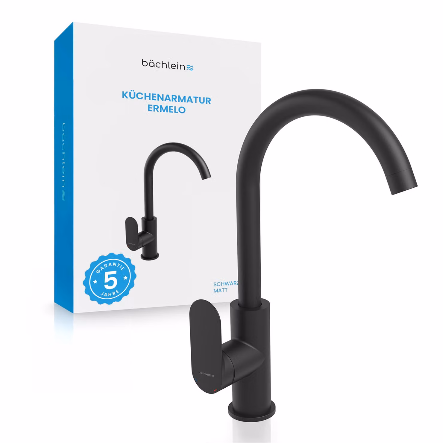Miscelatore universale per cucina Bächlein nero opaco - miscelatore per lavello con bocca girevole a 360°, rubinetto per cucina moderna