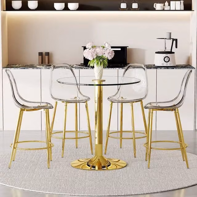 Tavolo da pranzo rotondo con piano in vetro e base in metallo, con 4 sgabelli trasparenti, per cucina, 89 cm
