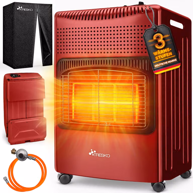 TRESKO® 4200 Watt riscaldatore a gas rosso incl. regolatore di pressione del gas tubo flessibile del gas + coperchio | stufa a gas riscaldatore a gas in Vetroceramica con 3 livelli | riscaldatore a gas a infrarossi riscaldatore radiante per bombole di gas