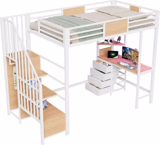 Letto a soppalco singolo REDOM in metallo bianco con scrivania, ripiani, scala, illuminazione LED e porta USB, L/P/H: 252.2 x 144.0 x 175.0 cm