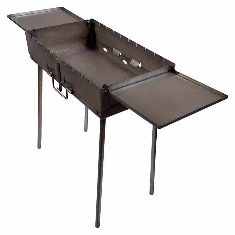 GOROCH Griglia per barbecue pieghevole in acciaio da 3 mm, adatta per 9 spiedini, con 2 tavolini laterali – stabile e ideale per giardino e barbecue