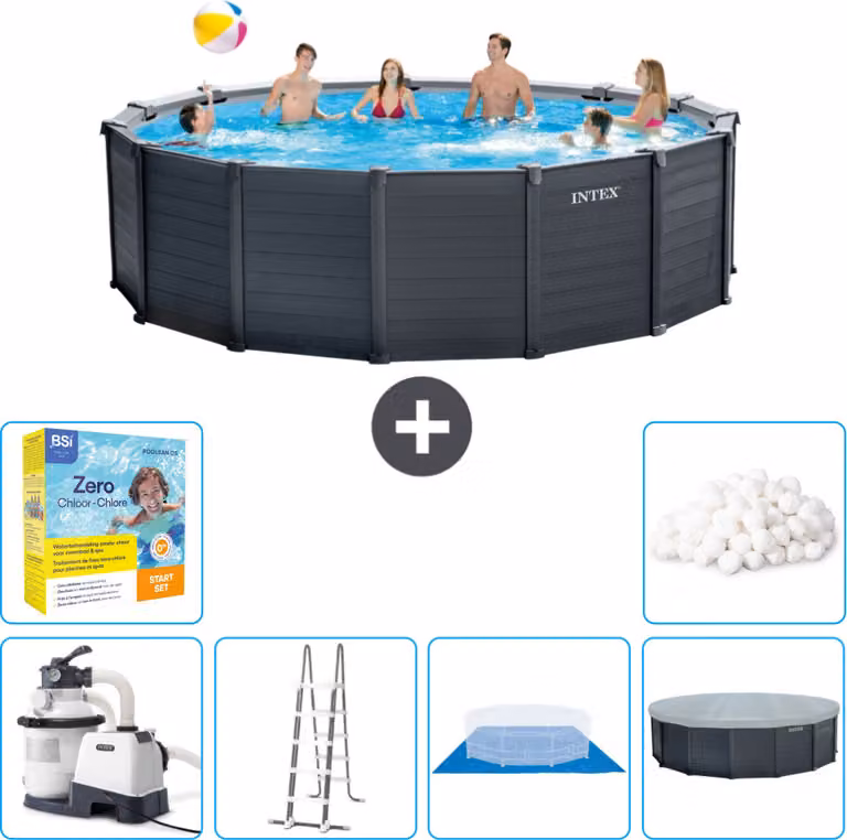 Piscina rotonda Intex con pannello grigio grafite - 478 x 124 cm - inclusa pompa - scaletta - telo di fondo - pacchetto di manutenzione della copertura - palline filtranti