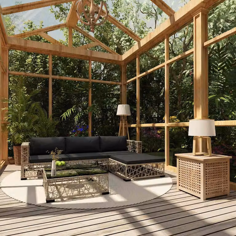 Set di divani da giardino vidaXL a forma di L in rattan grigio con cuscini e tavolino da esterno