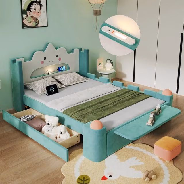 Letto per bambini 140x200 cm in velluto blu petrolio con testata a nuvola; luce LED; USB e cassetto per cameretta