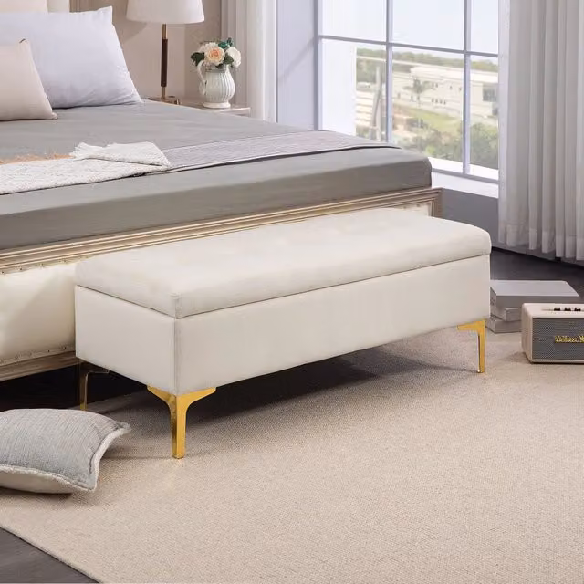 Panca contenitore imbottita OKWISH in poliestere beige con gambe in metallo dorato L/P/H: 120 x 44 x 44,5 cm – 1