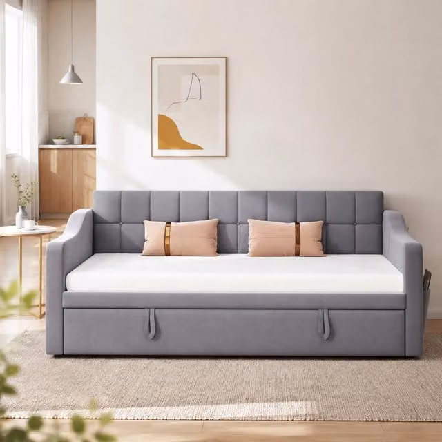 Divano letto imbottito estraibile 90x190 cm in velluto grigio con porte USB