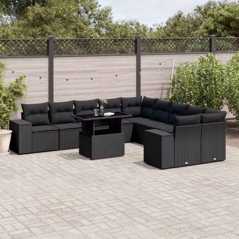 The Living Store Set di divani da giardino 11 pezzi con cuscini in poly rattan nero