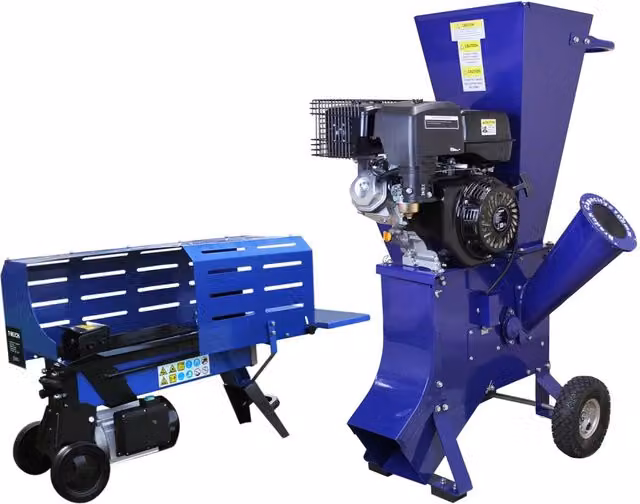 Bundle T-Mech composto da spaccalegna 7T e biotrituratore 15HP con motore a gas blu