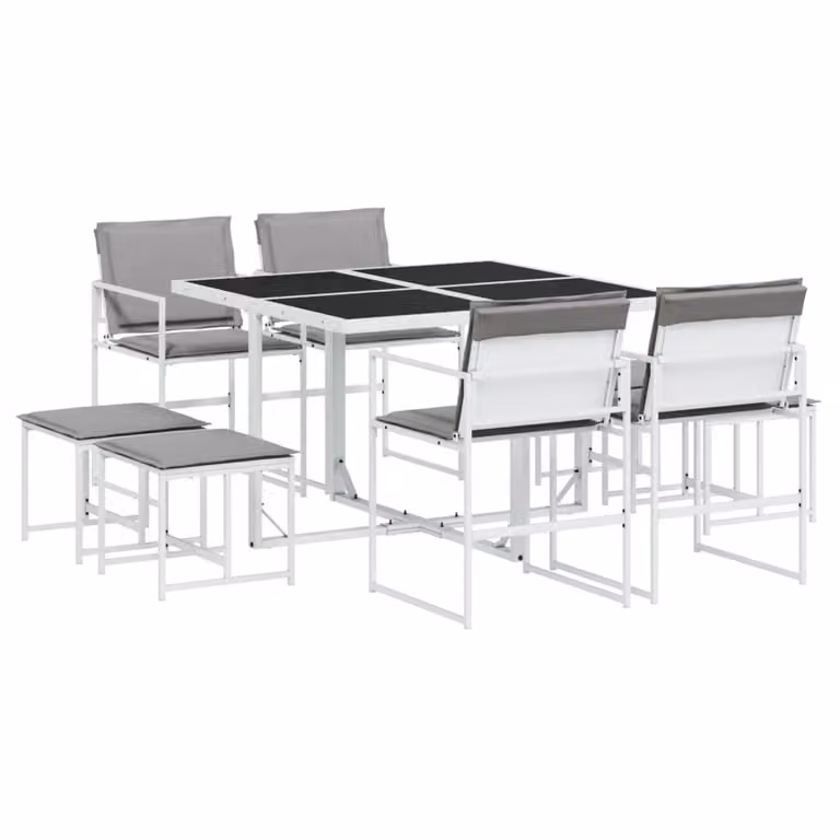 Set da Pranzo da Giardino 9 pz con Cuscini Bianco in Textilene