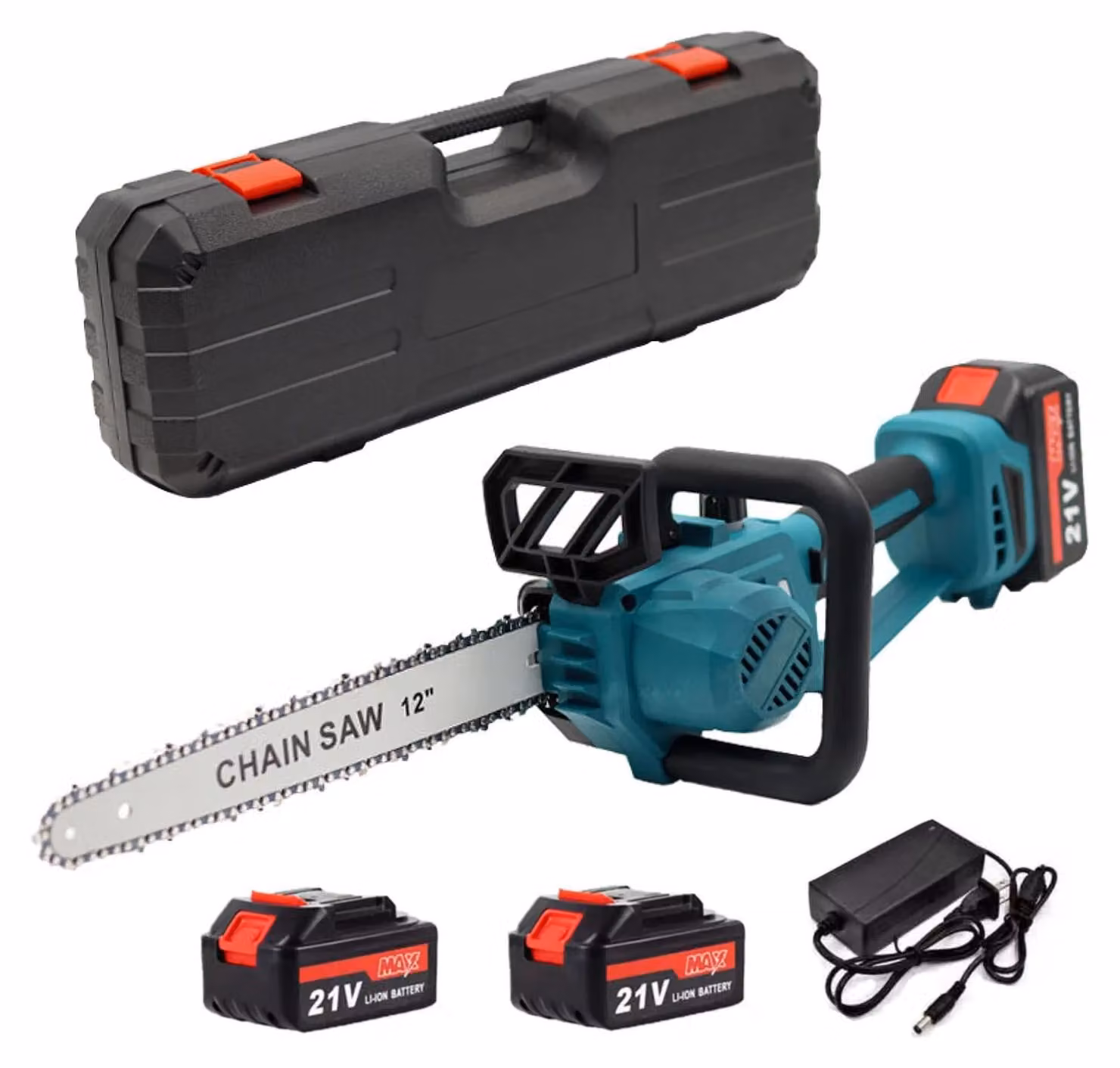 Motosega elettrica, funzionamento a batteria, elevata potenza, 2 batterie