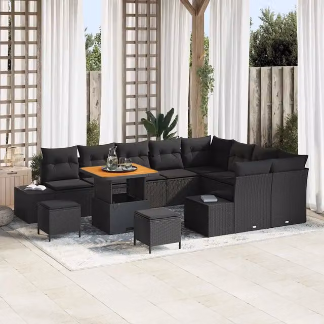 Set Divano da Giardino Moderno vidaXL a Forma a U, 12 Pezzi con Cuscini e Tavolino, Colore Nero