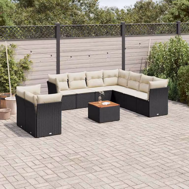 vidaXL Set Divani da Giardino 11 pz a Forma a L in Polyrattan Nero con Cuscini e Tavolino da Esterno