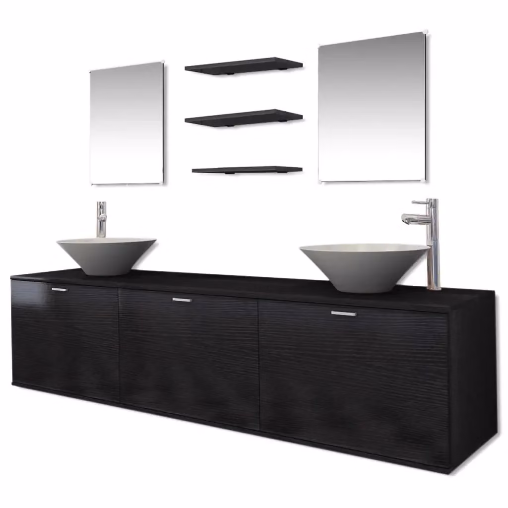 Set Mobili da Bagno Moderno vidaXL con Mobile Lavabo e Armadietto Specchio in Legno, Ceramica e Metallo, Colore Bianco, Nero e Argento, L/P/H: 180 x 45 x 45 cm – 2