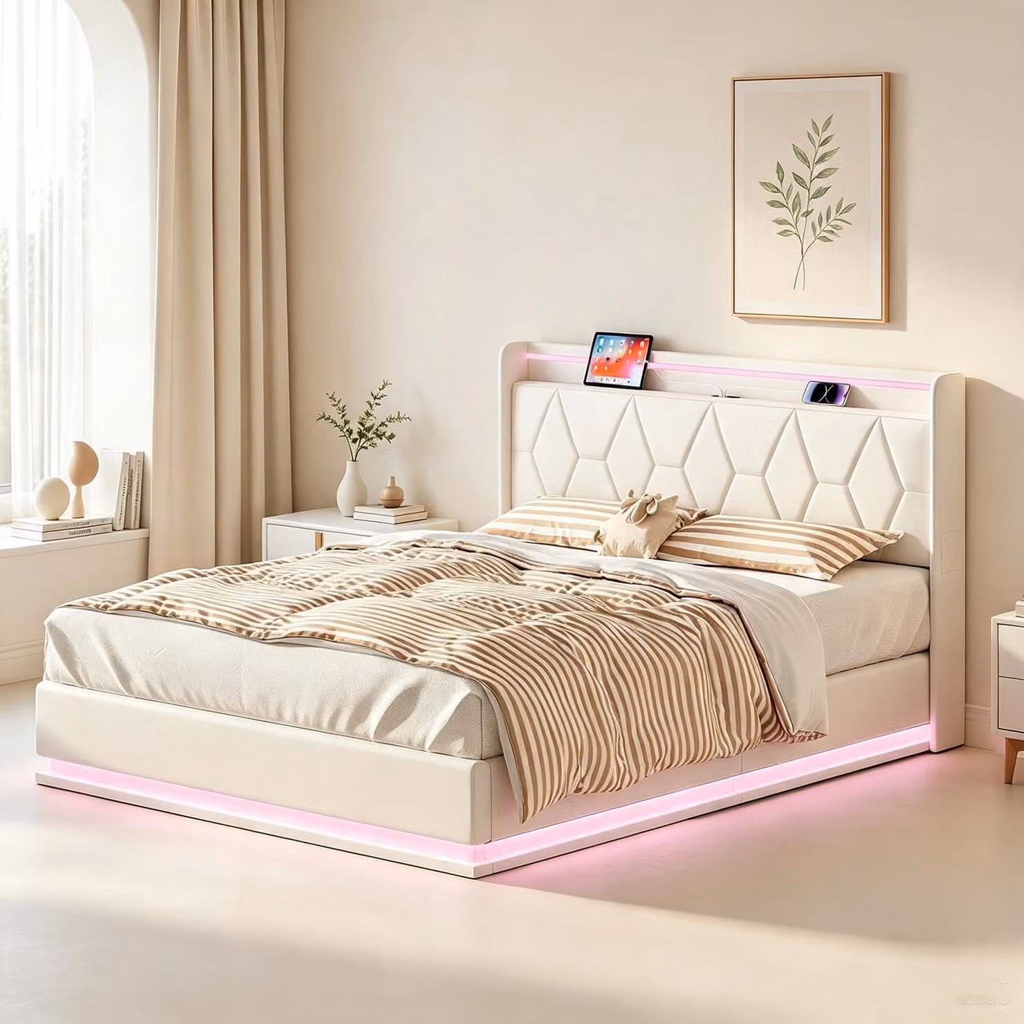 Letto matrimoniale con rete a molle INONEFT, 160x200 cm, con base imbottita idraulica, illuminazione LED e porte USB/C, struttura in legno, ideale per coppie, ragazzi, rivestito in velluto, colore bianco.