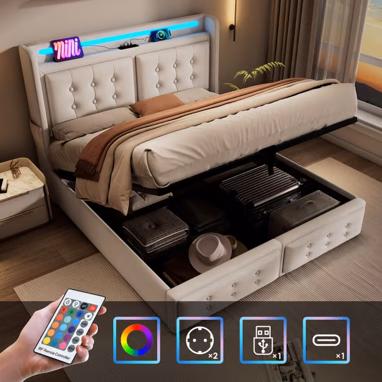 Letto imbottito Flieks 140x200cm con funzione di carico, letto matrimoniale per ragazzi con LED, letto contenitore idraulico con rete a doghe, cotone beige