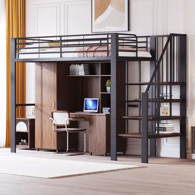 Letto a soppalco 90x200 cm in metallo con scala e spazio contenitore; nero e bianco