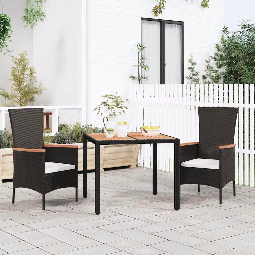vidaXL Tavolo da Giardino Moderno in Polyrattan e Legno di Acacia con Piano Nero L: 90 cm, P: 75 cm, H: 45 cm