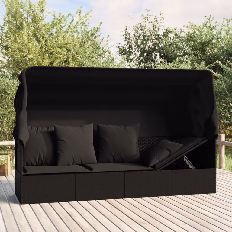 vidaXL Lettino Prendisole da Esterno in Polyrattan Nero con Tetto e Cuscini
