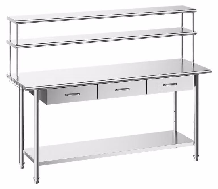 Tavolo da lavoro in acciaio inossidabile, 61x183 cm, tavolo per la preparazione di alimenti con ripiani superiori e 3 cassetti, postazione di lavoro per cucina professionale con ripiano inferiore regolabile, tavolo da lavoro in metallo, ideale per ristora