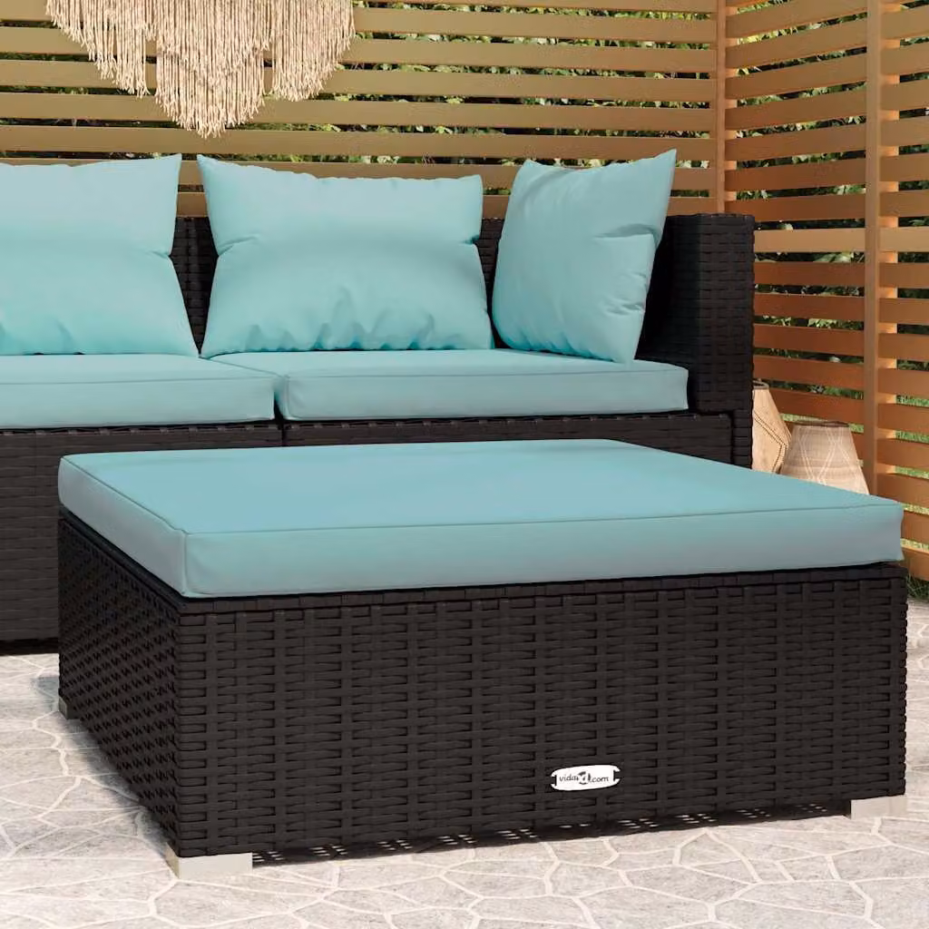 vidaXL Poggiapiedi da Giardino in Polyrattan con Cuscino Nero L: 70 cm, P: 70 cm, H: 30 cm