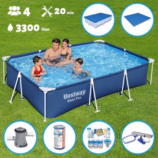 Piscina rettangolare - Piscina fuori terra - 300 x 201 x 66 cm - Blu - Con pompa - Filtro - Kit cloro - Base - Copertura - Kit di pulizia