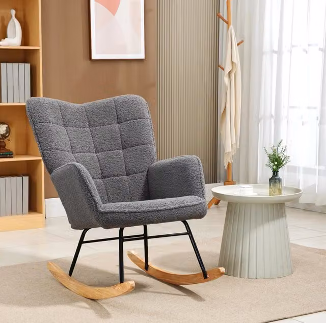 Poltrona a dondolo imbottita con rivestimento in berber fleece, struttura in legno di faggio, colore grigio scuro, per soggiorno e camera da letto
