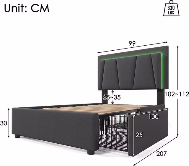 Letto singolo imbottito moderno con illuminazione LED sottostante e cassetti, L/P/H: 90 x 200 x 112 cm, Grigio o Beige – 1
