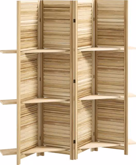 Paravento interno pieghevole HOMCOM in legno con 3 ripiani, colore naturale, H: 170 cm, L: 160 cm