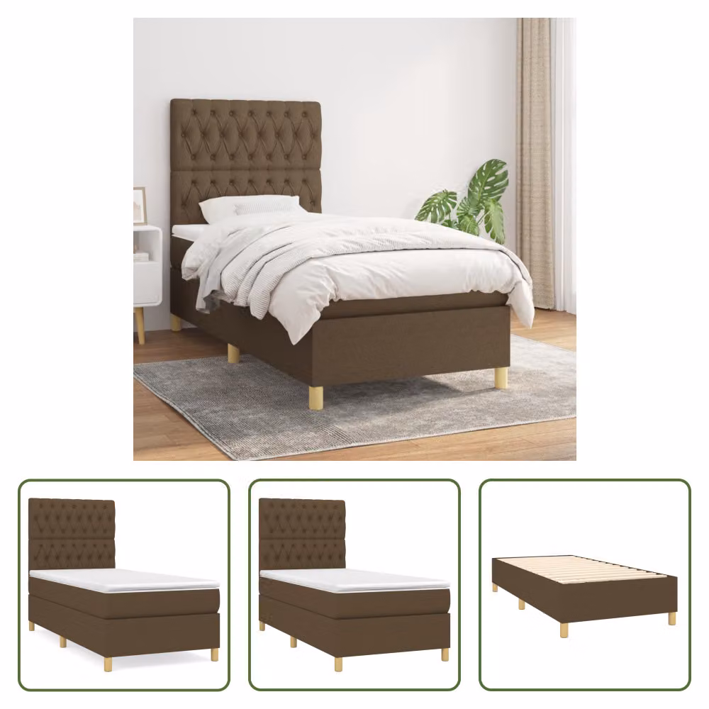 The Living Store Letto a molle con materasso marrone scuro 90x190 cm in tessuto