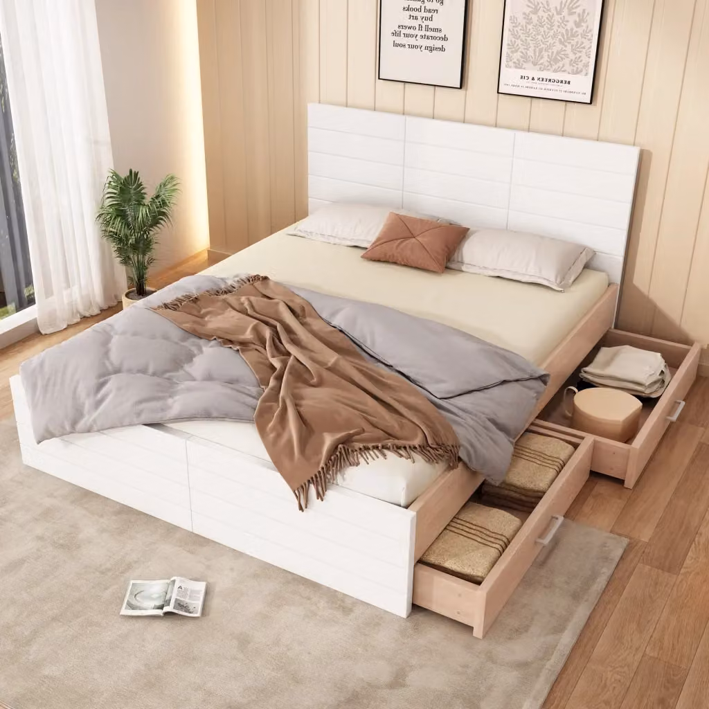 Letto Matrimoniale Moderno con 2 Cassetti in Legno e MDF Colore Rovere, Bianco e Beige L/P/H: 160 x 200 x 80 cm – 2