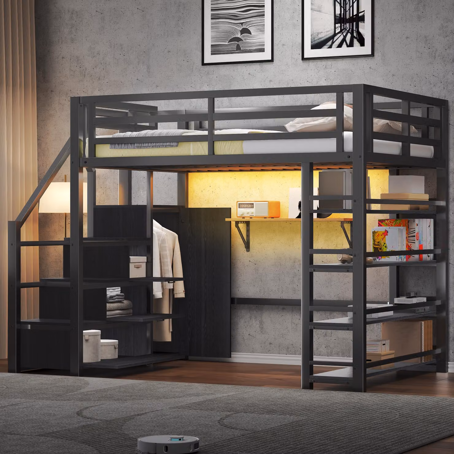 Letto a castello 140x200 cm con scaletta contenitore, armadio, scaffalatura a 4 ripiani e illuminazione LED controllabile tramite app/Bluetooth, in metallo, colore nero