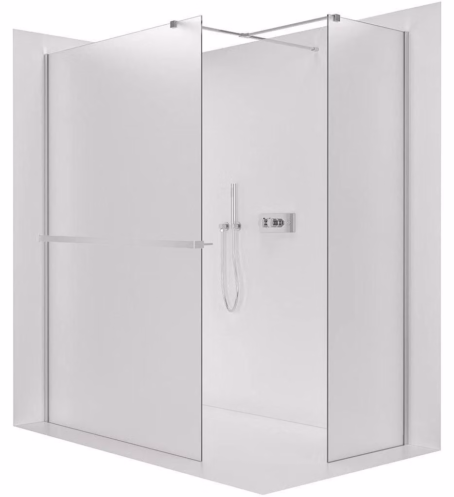 Pannello doccia angolare Walk-in Onyx T, destro/sinistro - 8 mm - profilo quadrato + ripiano/portasciugamani - cromo, vetro satinato - 150x100x200 cm